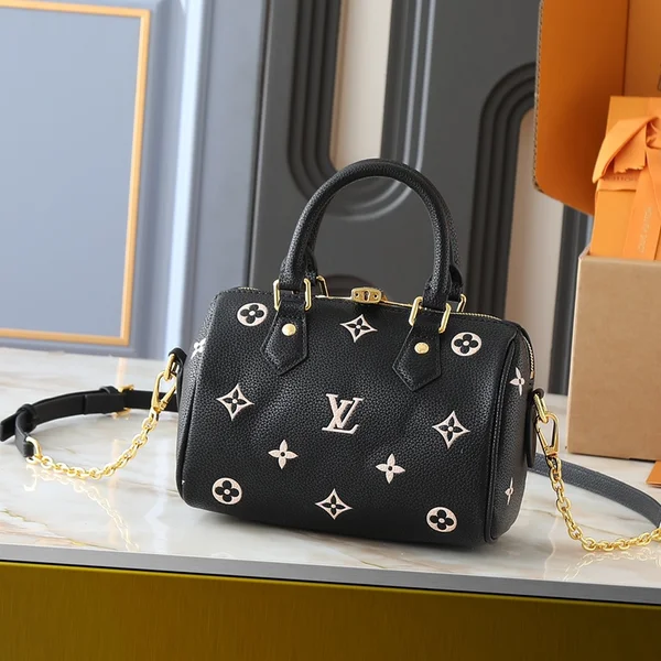 ルイヴィトン Speedy 20 スピーディー モノグラムアンプラント 圧纹レザー 黒 白 チェーン付き 挂锁 2way 大学生 女子大生 デート 就活