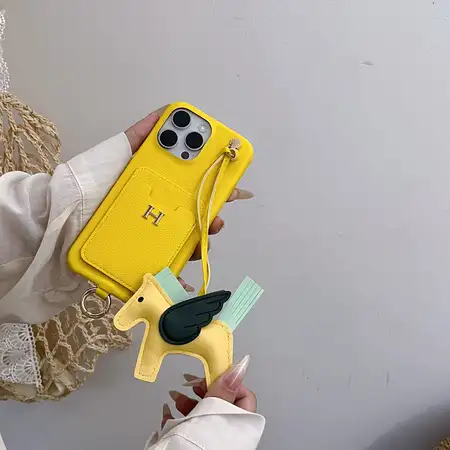 エルメス風 iPhone ケース ペガサスチャーム レザーカードケース Hロゴ リングストラップ付き