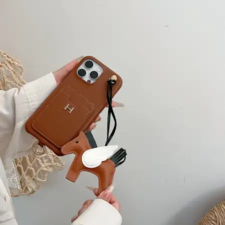 エルメス風 iPhone ケース ペガサスチャーム レザーカードケース Hロゴ リングストラップ付き