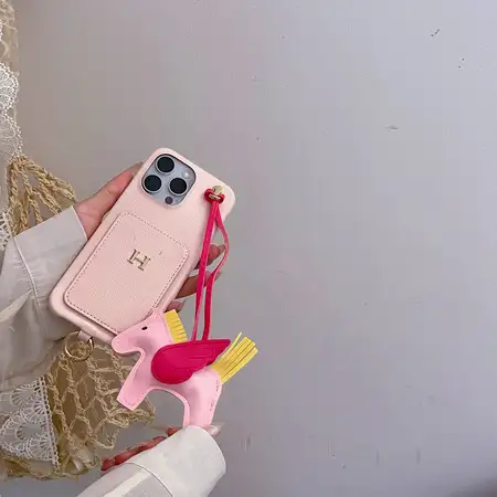 エルメス風 iPhone ケース ペガサスチャーム レザーカードケース Hロゴ リングストラップ付き