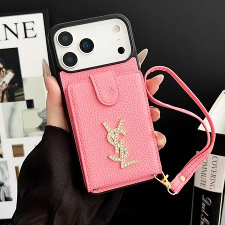 イヴサンローラン風 iPhone Galaxy ケース ラインストーン YSL 折りたたみウォレット リストストラップ