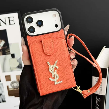 イヴサンローラン風 iPhone Galaxy ケース ラインストーン YSL 折りたたみウォレット リストストラップ