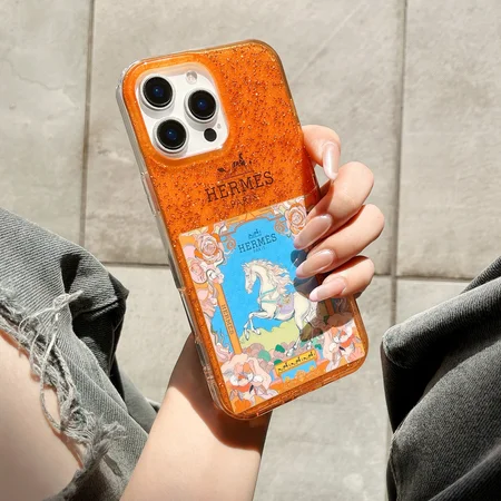 エルメス風 iPhone ケース グリッター イラスト 白馬 薔薇 アート オレンジ