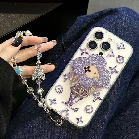 ルイヴィトン風 iPhone ケース ラインストーン モノグラム エアバッグスタンド パールストラップ