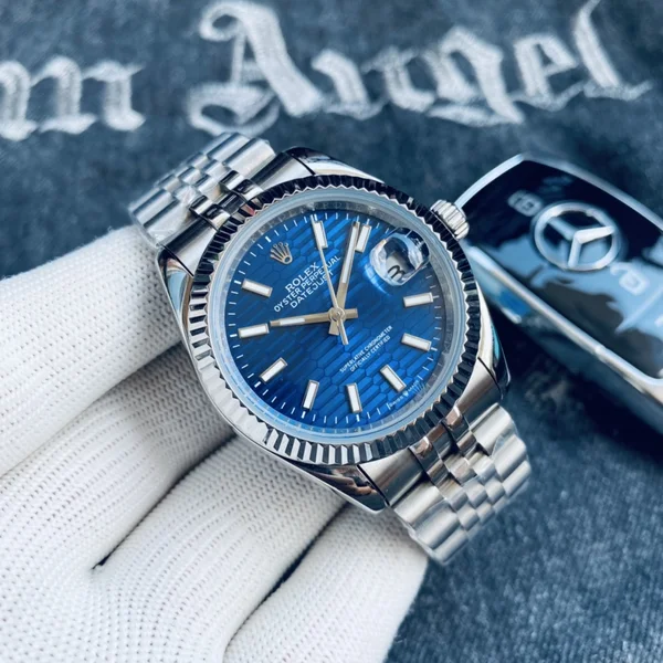 ロレックス デイトジャスト 126234 ブルー坑紋文字盤 三角ベゼル ジュビリーブレス 自動巻き メンズ腕時計 41mm