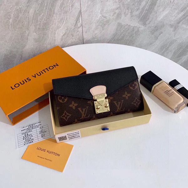 ルイヴィトン エミリー 長財布 モノグラム 黒レザー 荔枝紋 エンベロープ ロック付き カード12枚 小銭入れ レディース