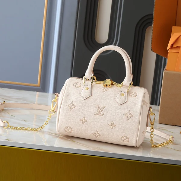 ルイヴィトン Speedy 20 スピーディー モノグラムアンプラント 圧纹レザー 白 チェーン付き 挂锁 2way ハンドバッグ レディース