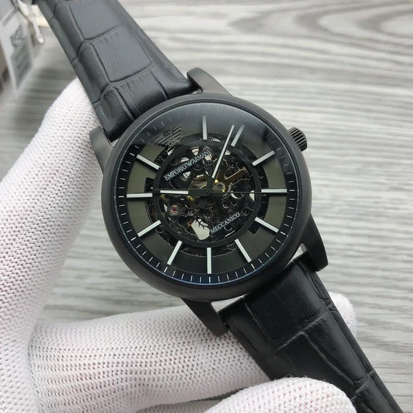 アルマーニ Meccanico 腕時計 スケルトン 自動巻き 黒 316L精鋼 レザーベルト メンズ 41mm AR60008