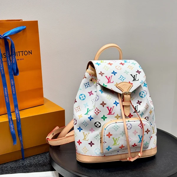 ルイヴィトン 村上隆 Montsouris リュックサック 白彩 Multicolore モノグラム ヌメ革 チェーン付き 大容量 PC収納 限定コラボ 大学生 レディース