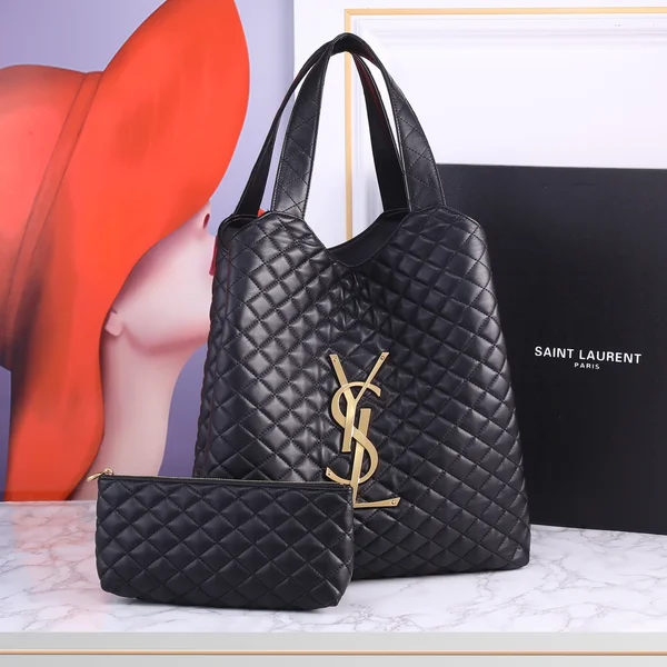 サンローラン SAINT LAURENT カレ トートバッグ 黒 菱格紋 2-in-1 万能 スタイリング